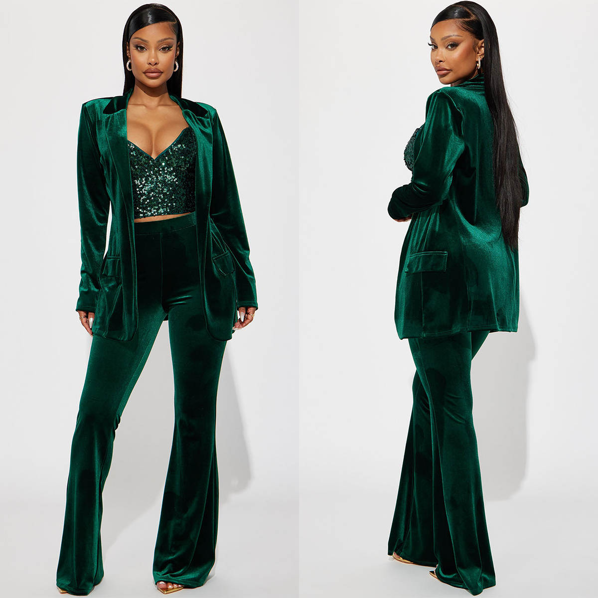 Women Formal Party Wear Dress - Trajes de pantalón de terciopelo verde
